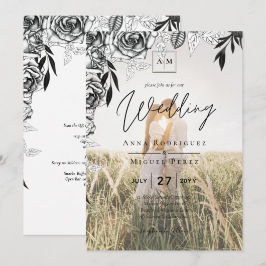 Budget Zwarte Rozen FOTOVERLOOP Huwelijksuitnodigi Kaart (Voorkant / Achterkant)