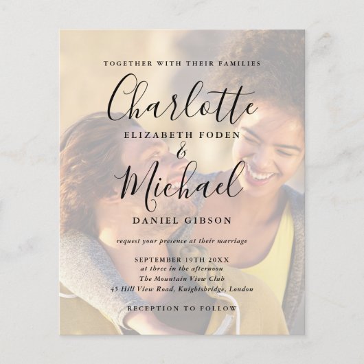 Budget Zwarte Script  2 foto's Trouwuitnodiging (Voorkant)