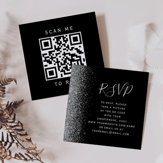 Budget Zwarte Zilveren Glitter Bruiloft QR Code RS Informatiekaartje