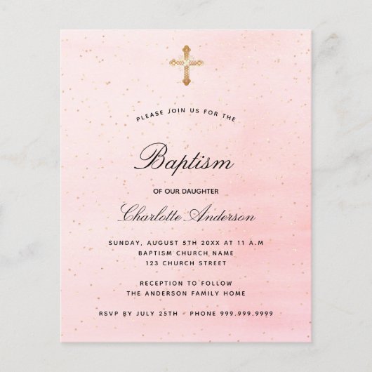 Budgetbaptisme blush roze gouden meisjesuitnodigin (Voorkant)