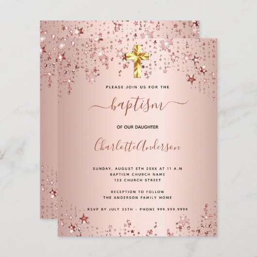 Budgetbaptisme roos gouden sterren uitnodiging (Voorkant / Achterkant)