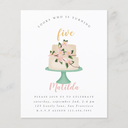 budgetbewerkbare verjaardagstaart uitnodiging flyer (Voorkant)