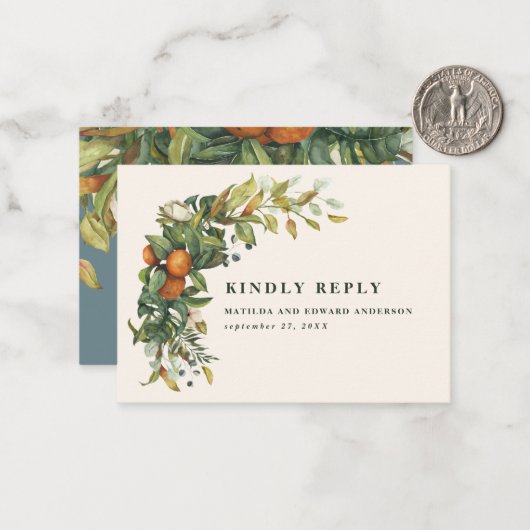 budgetbruiloft citrus botanische moderne RSVP-kaar Notitiekaartje (Voorkant / Achterkant in situ)