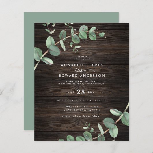 budgetgroene eucalyptus dark wood rustige bruiloft (Voorkant / Achterkant)