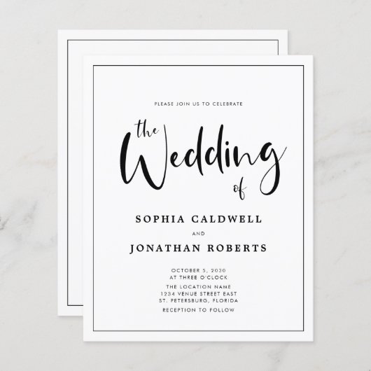 Budgetkalligrafie grensdetails huwelijk uitnodigen (Voorkant / Achterkant)