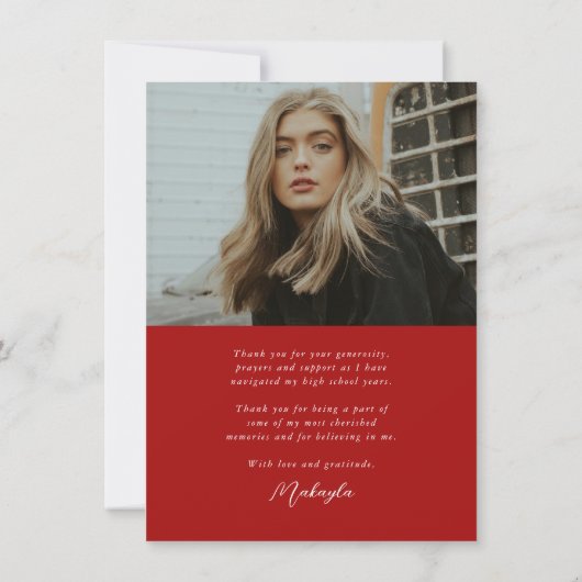 Budgetkalligrafie Twee foto-rood Afstuderen Bedankkaart (Achterkant)
