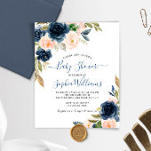 Budgetmarine & roze Floral Baby shower uitnodiging