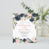 Budgetmarine & roze Roses Birthday Party Invitatio (Staand voorkant)