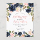 Budgetmarine & roze Roses Birthday Party Invitatio (Voorkant)