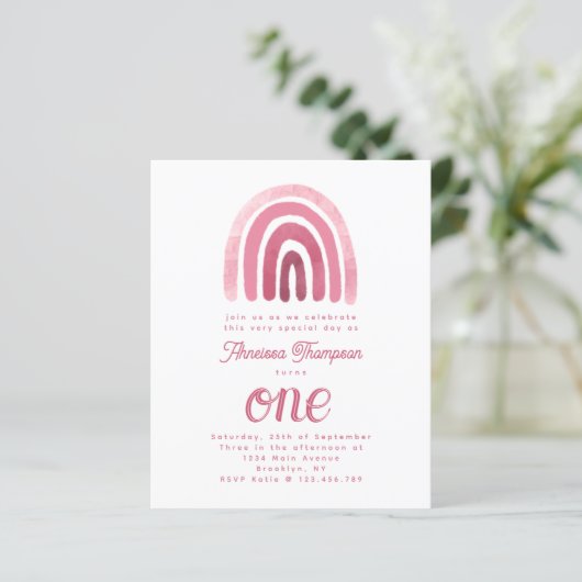 Budgetminimalist Boho Pink Rainbow First Birthday (Staand voorkant)