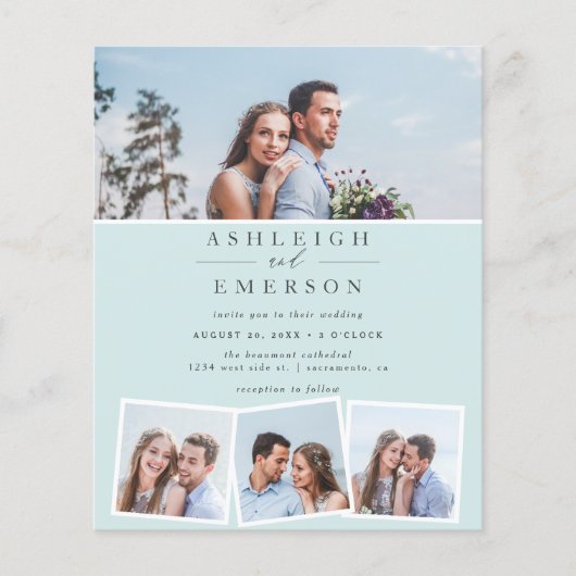 Budgetminimalistisch blauw-fotocollage huwelijk (Voorkant)