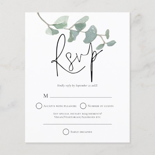 Budgetminimalistisch Eucalyptus Weddenschap RSVP (Voorkant)