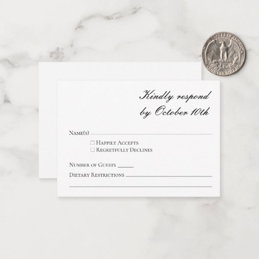 Budgetminimalistisch formeel zwart-witscript RSVP Notitiekaartje (Voorkant / Achterkant in situ)