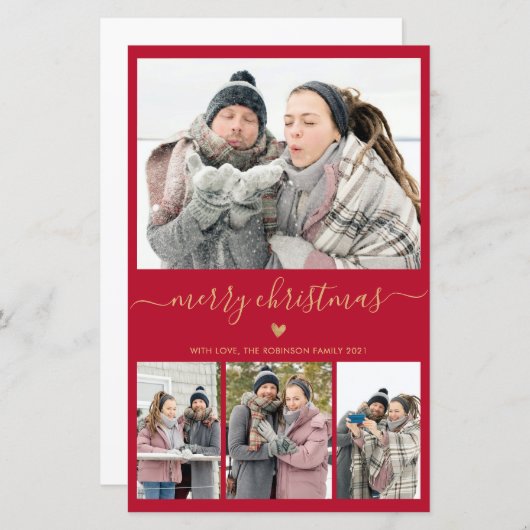 Budgetminimalistisch rood Gold 4-fotokerstkaart (Voorkant / Achterkant)