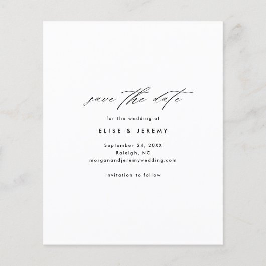 Budgetminimalistische fotobruiloft bespaart datum flyer (Achterkant)