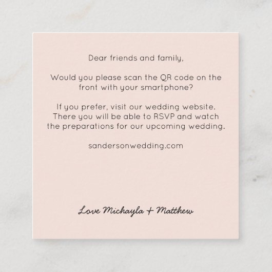 Budgetminimalistische QR Code Blush Weddenschap Vierkante Visitekaartje (Achterkant)