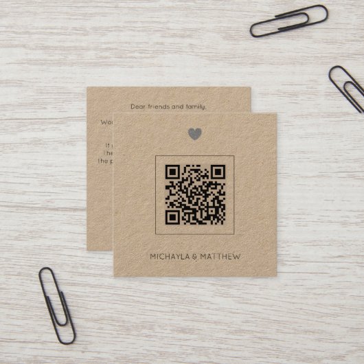 Budgetminimalistische QR Code Kraft Weduwen Uitnod Vierkante Visitekaartje (Voorkant / Achterkant in situ)