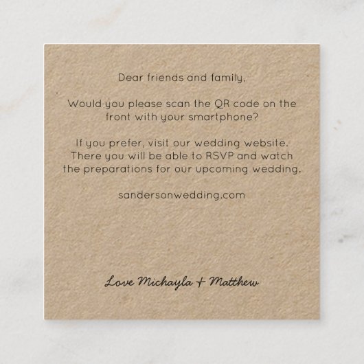 Budgetminimalistische QR Code Kraft Weduwen Uitnod Vierkante Visitekaartje (Achterkant)