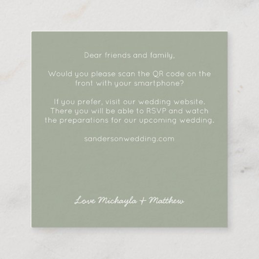 Budgetminimalistische QR-code Sage Weddenschap Vierkante Visitekaartje (Achterkant)