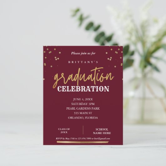 Budgetscript Elegant Red Gold Afstuderen Uitnodige (Staand voorkant)