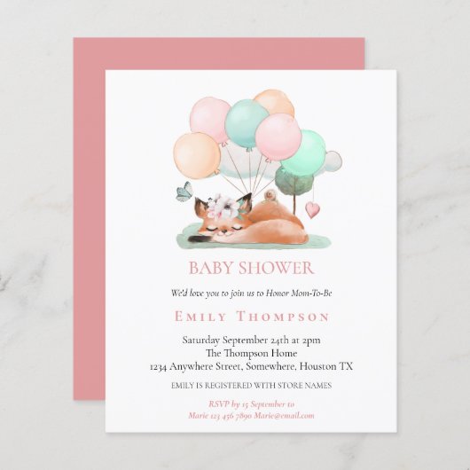 Budgetslapende Fox Pink Baby shower Uitnodiging (Voorkant / Achterkant)