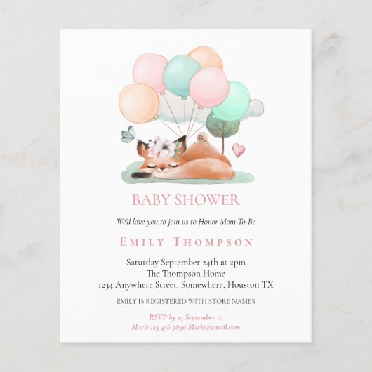 Budgetslapende Fox Pink Baby shower Uitnodiging (Voorkant)