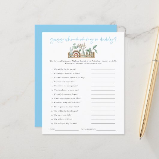 Budgetspel raad wie mam pap blauw Baby shower (Voorkant / Achterkant in situ)