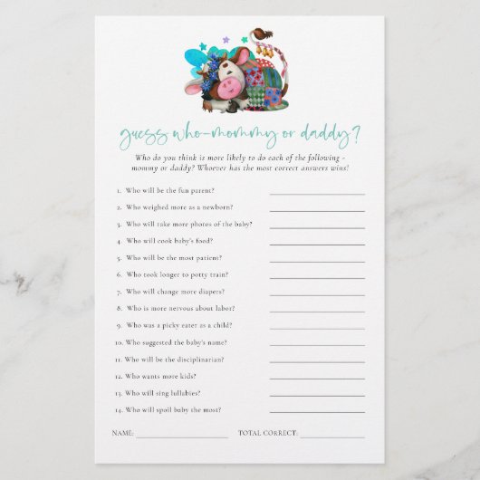 Budgetspel raad wie mama papa Koe Baby shower (Voorkant)