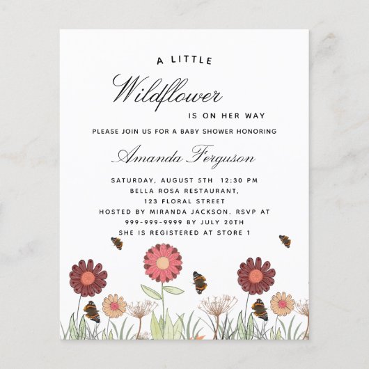 budgetuitnodiging voor baby shower van wilde bloem flyer (Voorkant)