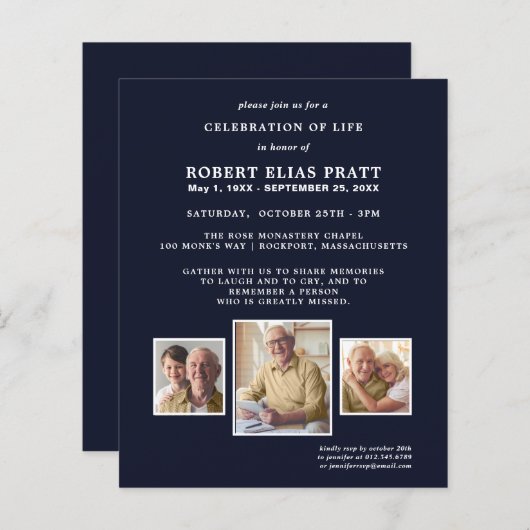 Budgetviering van de uitnodiging voor Dark Blue Ph (Voorkant / Achterkant)