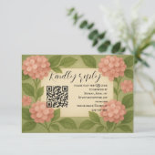 Budgetvriendelijke Roze Hortensia QR-code RSVP-kaa RSVP Kaartje (Staand voorkant)