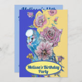 Budgie Blue Bird Verjaardag Meisjes Red Rose Bloem Kaart (Voorkant / Achterkant)