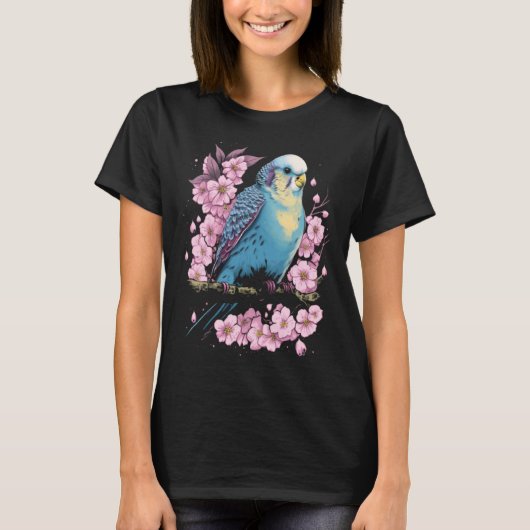 Budgie Budgerigar Bird Japanese Cherry Sakura Flow T-shirt (Voorkant)