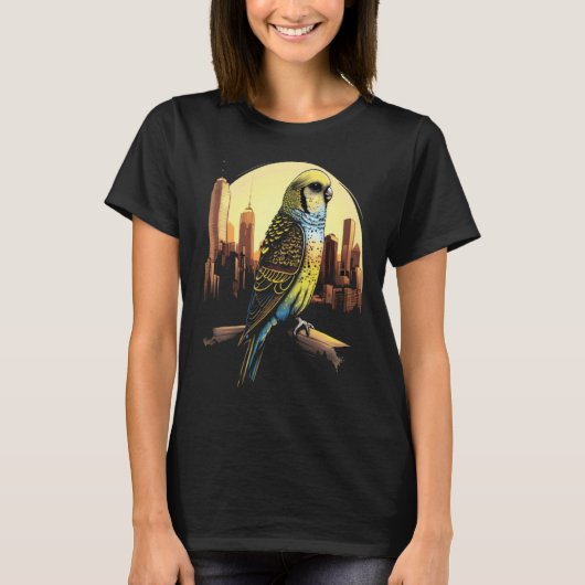 Budgie Budgerigar Parakeet City Skyline Parrot Bir T-shirt (Voorkant)