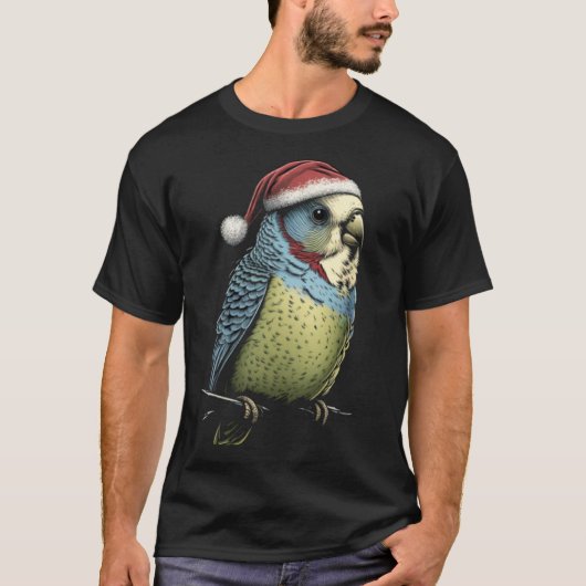 Budgie Christmas Budgerigar Santa Hat Parakeet Bir T-shirt (Voorkant)