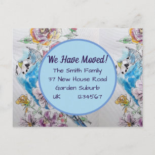 Budgie Flowers New Address Briefkaart, we gaan ver Briefkaart