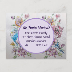 Budgie Flowers New Address Briefkaart, we gaan ver Briefkaart