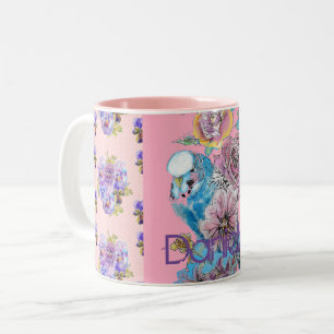 Budgie Hand Painted Pink Blue Foral Girls Name Tweekleurige Koffiemok
