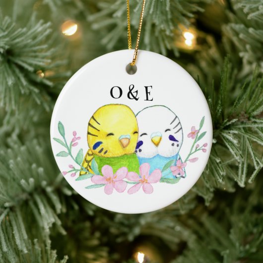 Budgie Lovebird koppel eerste kerst samen Keramisch Ornament (Boom)