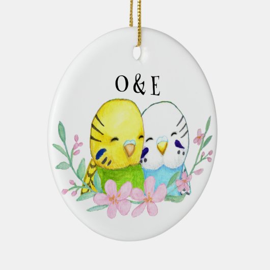 Budgie Lovebird koppel eerste kerst samen Keramisch Ornament (Rechts)