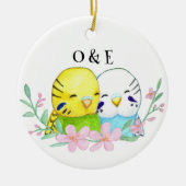 Budgie Lovebird koppel eerste kerst samen Keramisch Ornament (Voorkant)