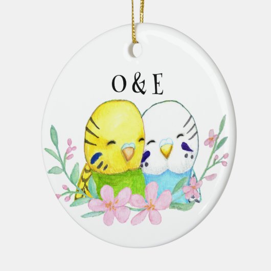 Budgie Lovebird koppel eerste kerst samen Keramisch Ornament (Links)