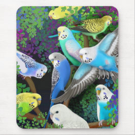 Budgie Parakeets en Ferns Mousepad Muismat