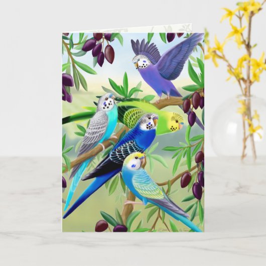 Budgie Parakeets in Olive Tree Greeting Card Kaart (Gele Bloem)