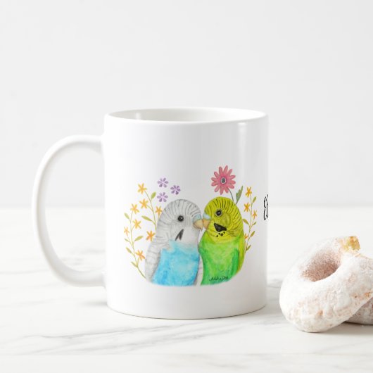 Budgie Paraket Bird Waterverf Art Custom Name Koffiemok (Met donut)