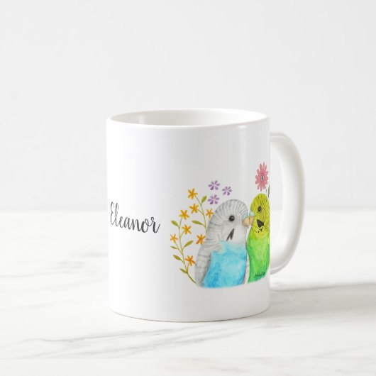 Budgie Paraket Bird Waterverf Art Custom Name Koffiemok (Voorkant rechts)