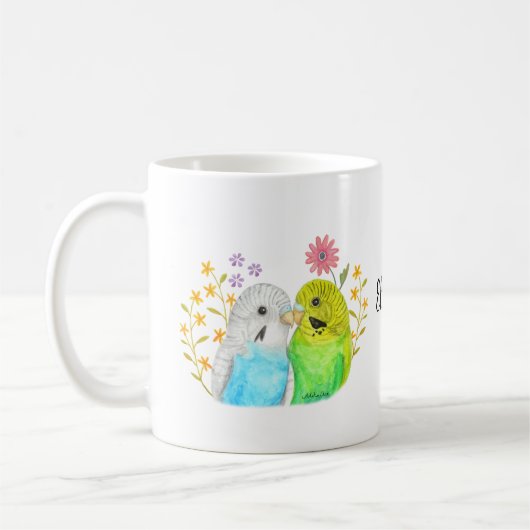 Budgie Paraket Bird Waterverf Art Custom Name Koffiemok (Links)