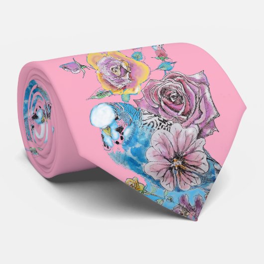 Budgie Parrot Blue Birds Pink Mannen Stropdas (Opgerold)