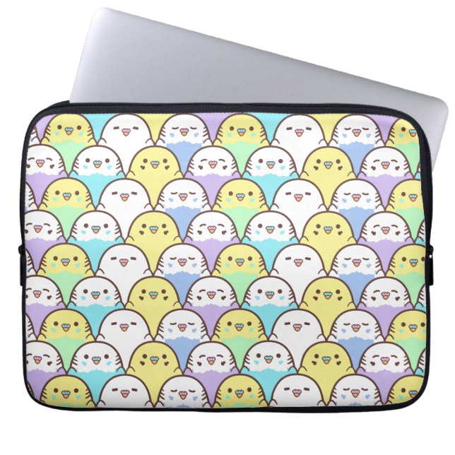 Budgie Parrot Blue Paars Yellow Cartoon Pattern Laptop Sleeve (Voorkant)