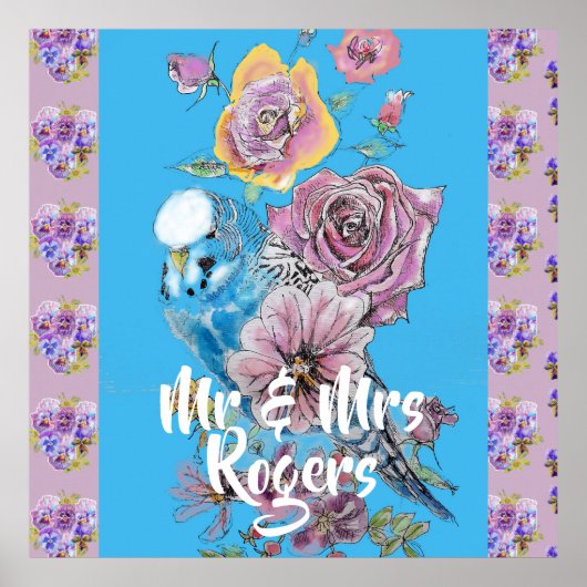 Budgie Watercolor bloem lelie Nieuwgetrouwd Poster (Voorkant)